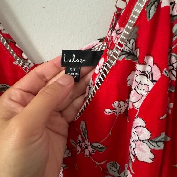 🦋 LULUS Esperanza Red Floral Print Midi Dress XS Side Slit Casual Boho Cute - Picture 4 of 6